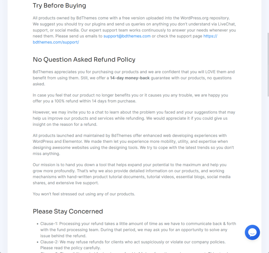 refund policy of bdthemes for their products