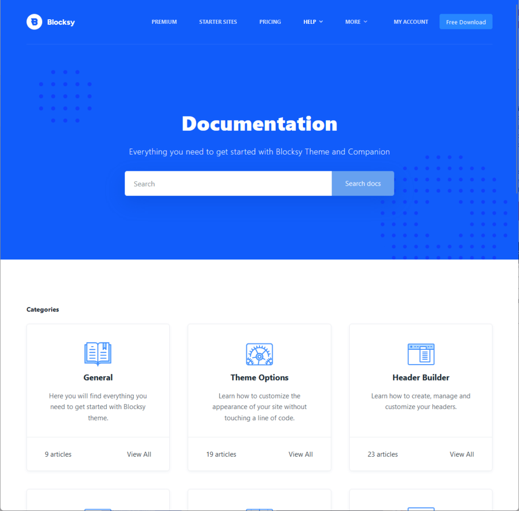 front page of blocksy’s documentation