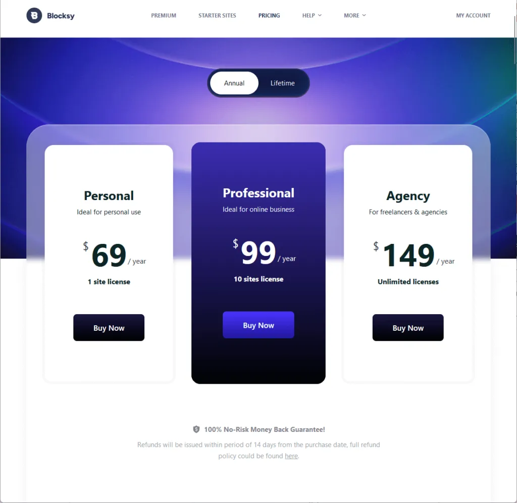 all the annual pricing plans of blocksy premium