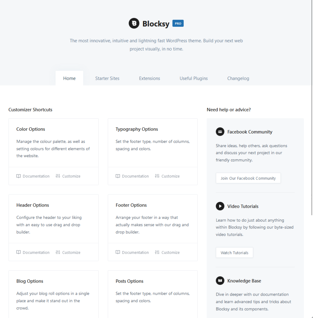 home page of the blocksy pro’s dashboard