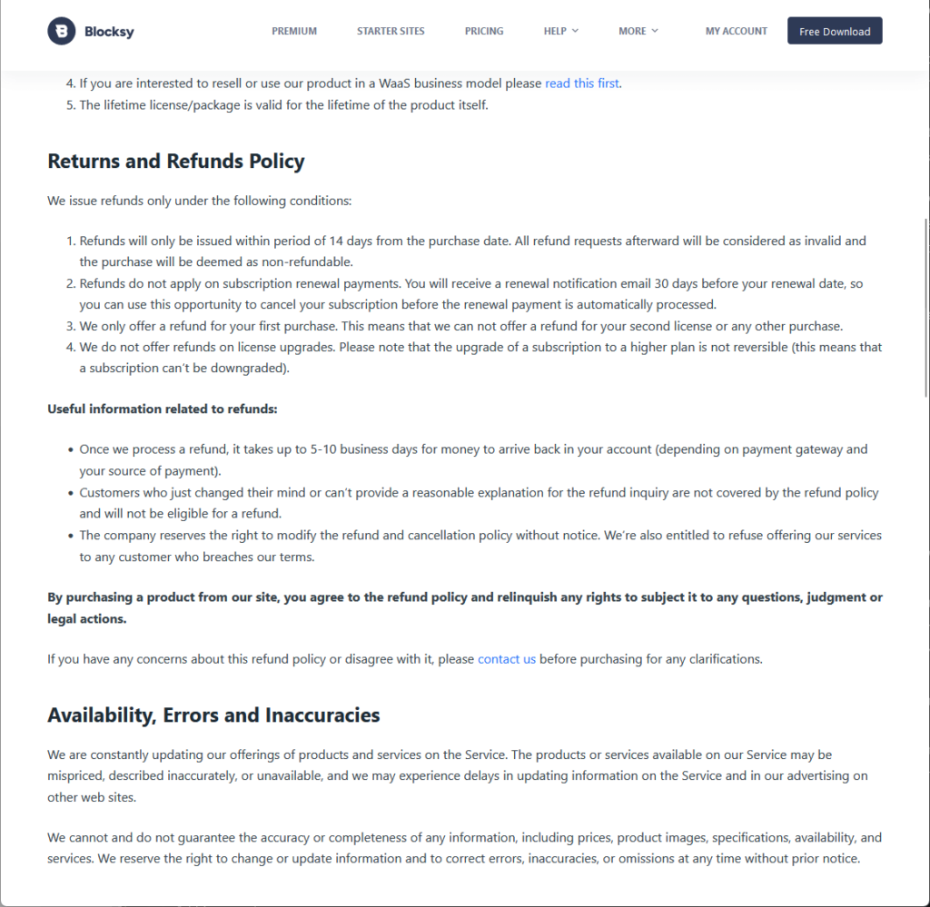 blocksy returns and refunds policy