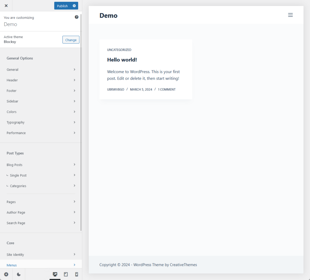 customizer settings for blocksy pro