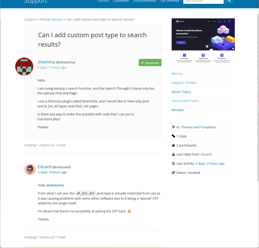 blocksy replying to a question in wordpress theme forum