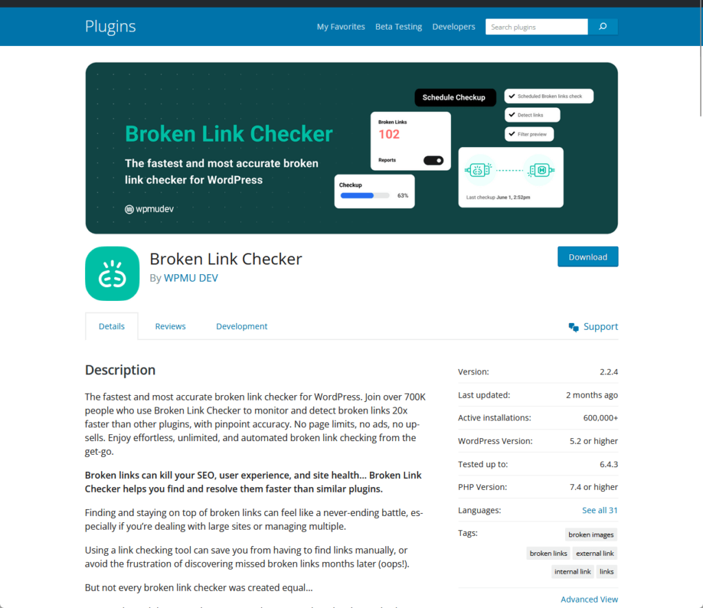 Broken Link Checker: By WPMU DEV