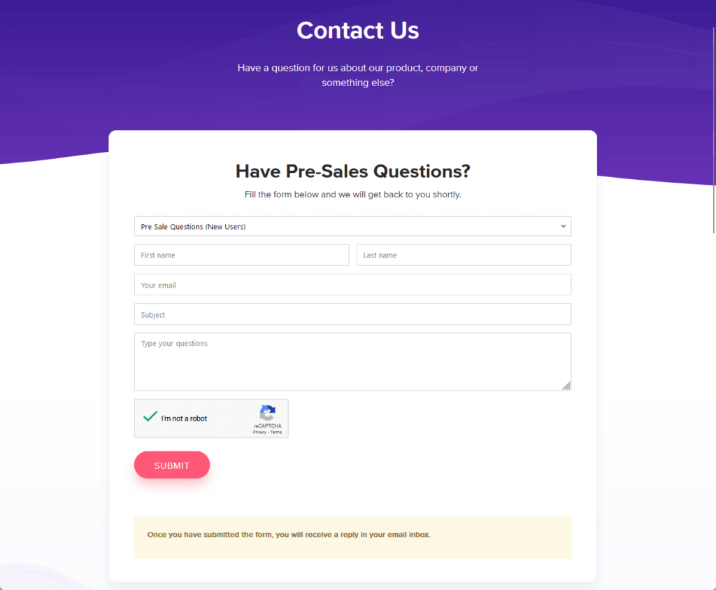 contact form from ultimate addons for presale questions and billing