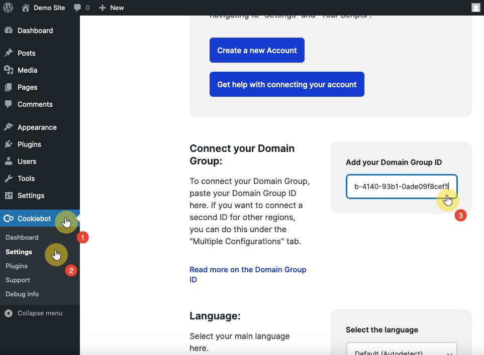 Cookiebot Settings Connect Your Domain Group