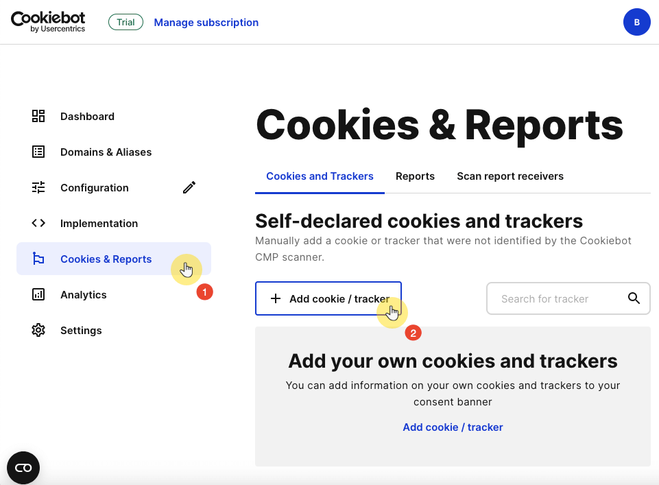 Self-declared cookies and trackers under cookies and reports