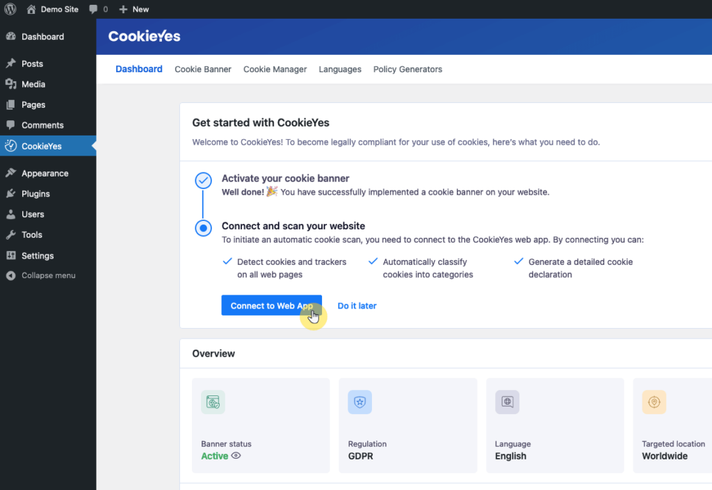 CookieYes Dashboard Connect to Web App