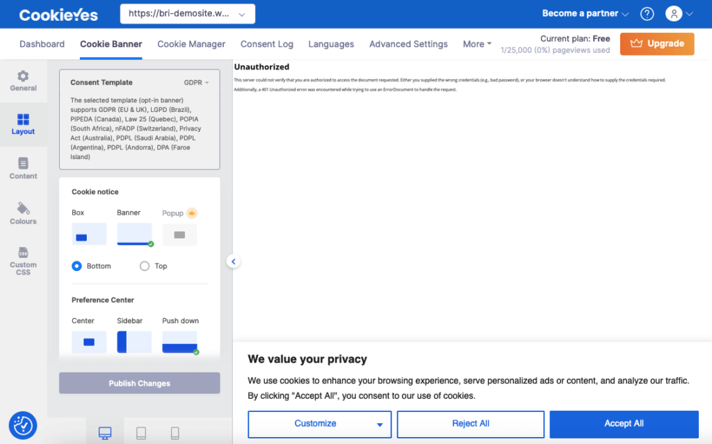 Cookie Banner Layout editor