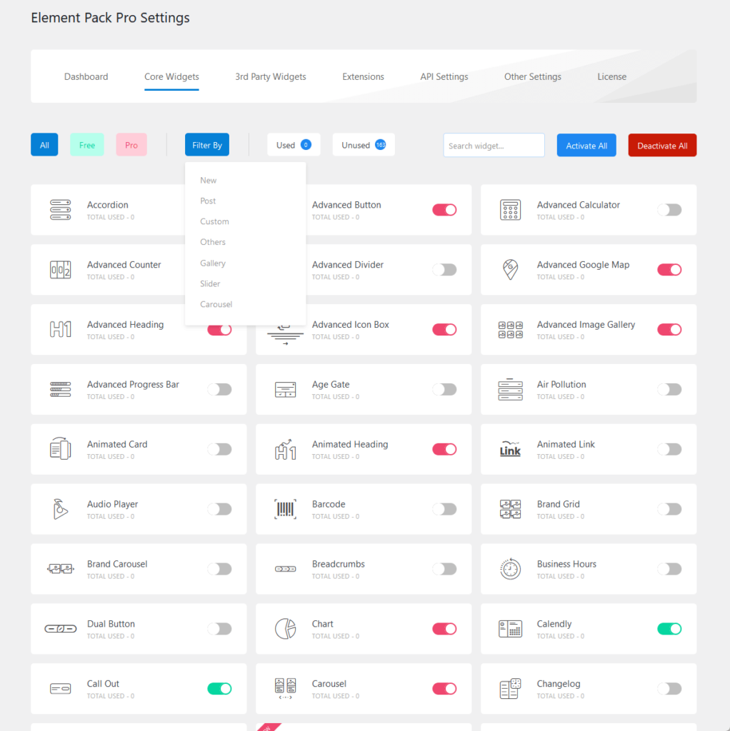 all the core widgets available in the element pack pro