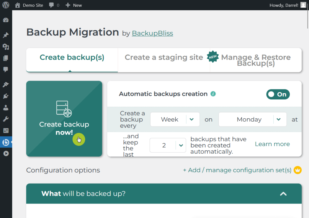 create backup now big button from backup migration