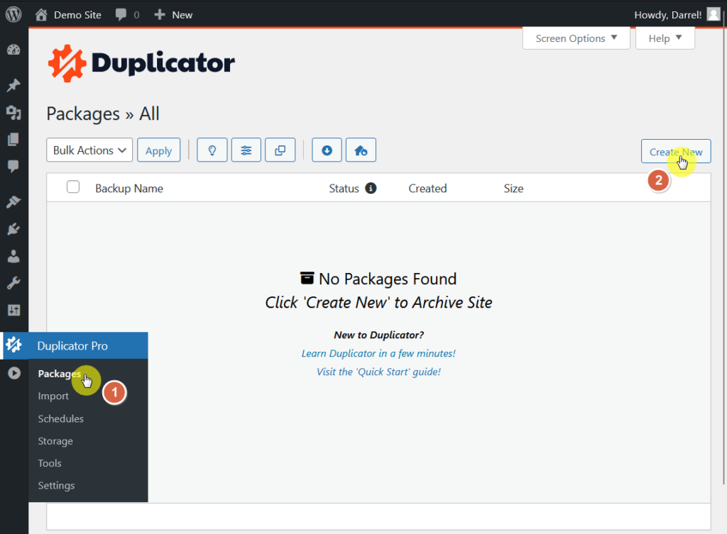 create a new backup package using duplicator