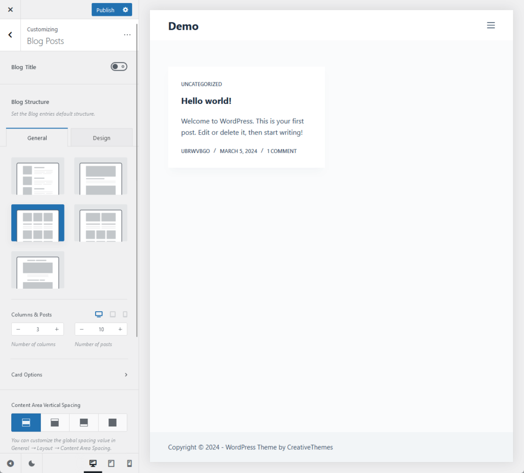 customizing blog posts in the theme customizer for blocksy