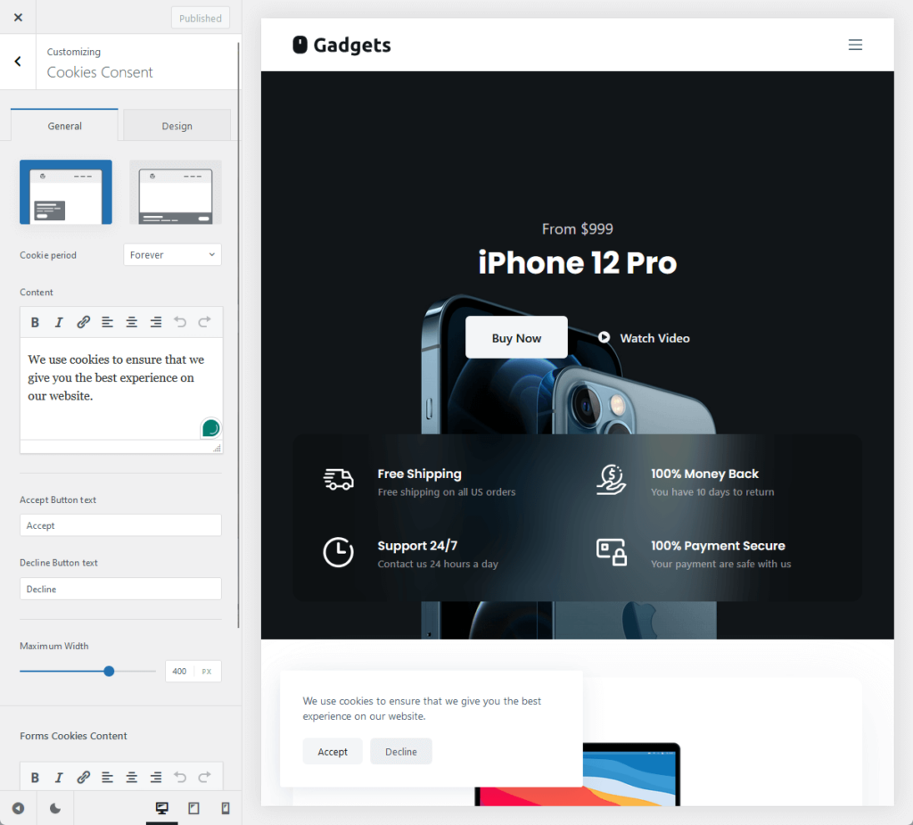 customizing cookies consent in the theme customizer thanks to blocksy’s extensions