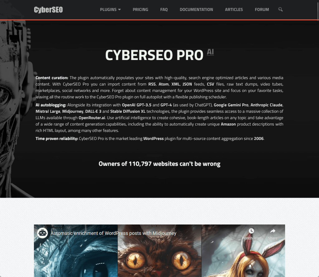 CyberSEO Pro: The plugin automatically populates your sites with high-quality, search engine optimized articles and various media content