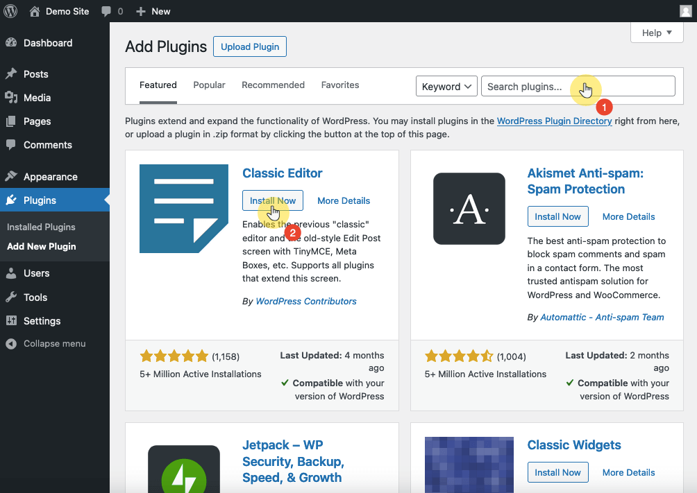 search for the plugin name in the add plugins page