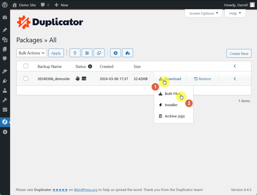 download both backup site files from duplicator