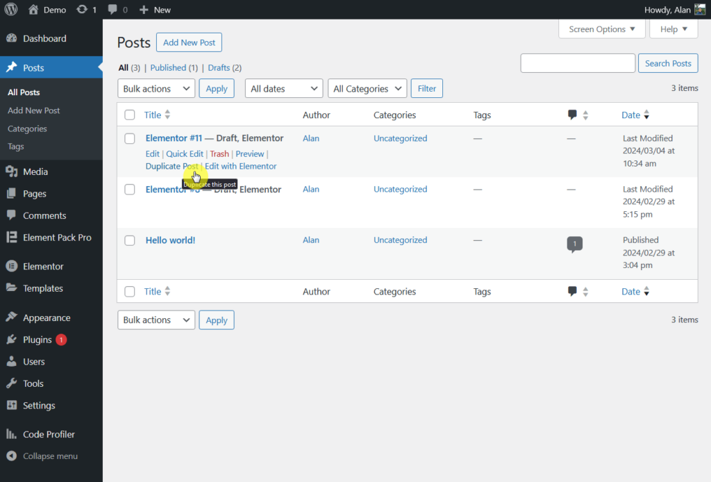 duplicate a post using element pack