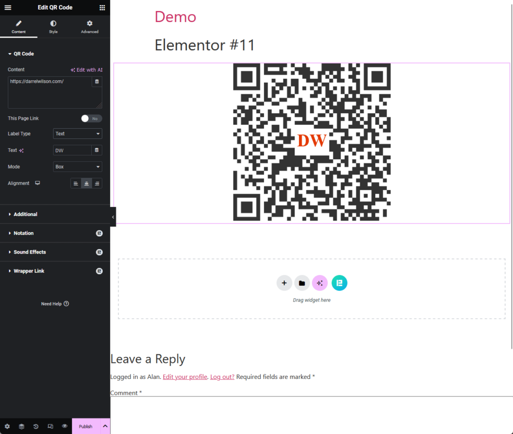 configure qr code content from element pack pro