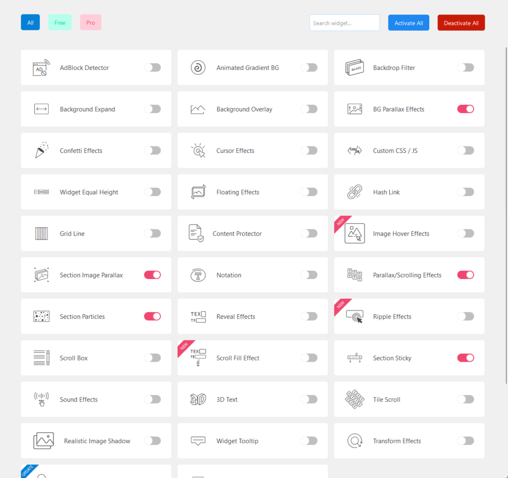 all the available extensions in element pack pro