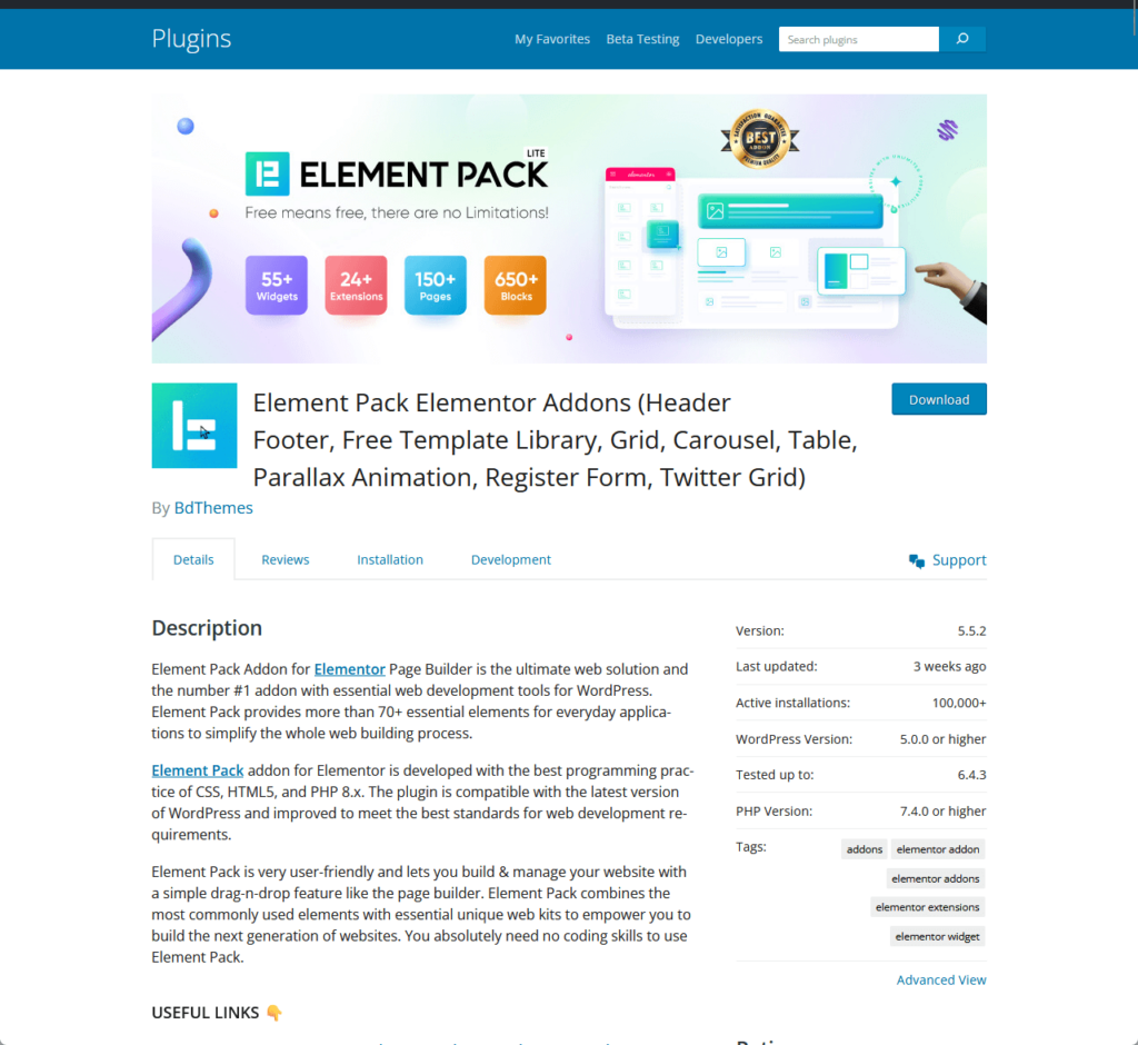 Element Pack Elementor Addons (Header Footer, Free Template Library, Grid, Carousel, Table, Parallax Animation, Register Form, Twitter Grid) By BdThemes