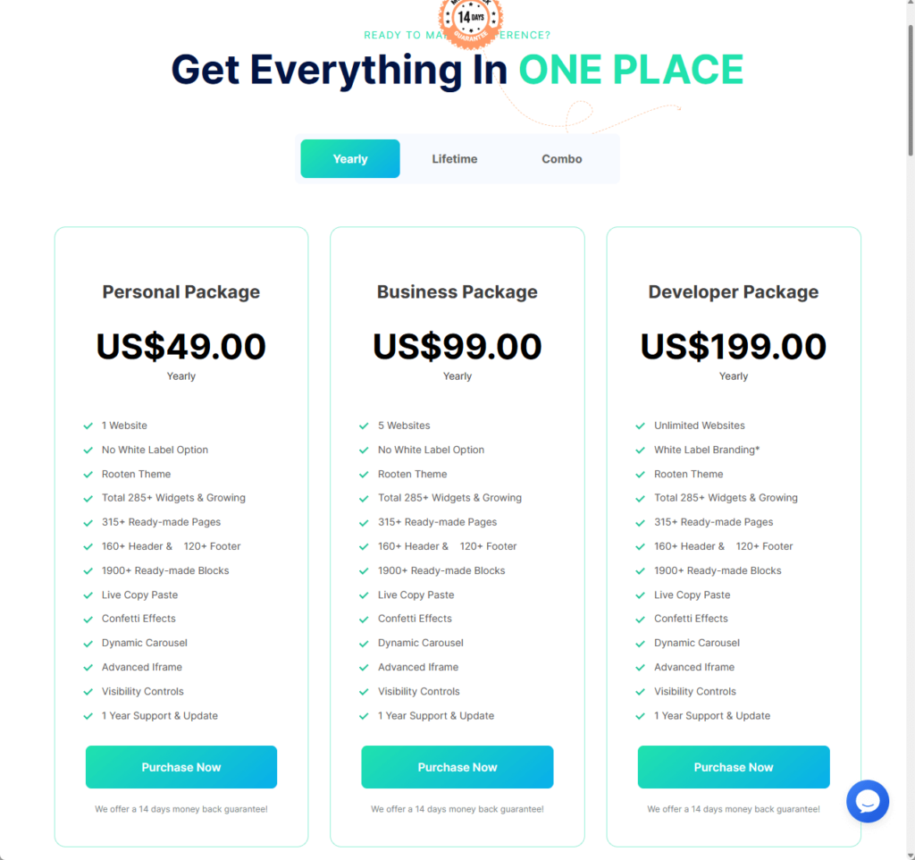 all the yearly pricing packages of element pack