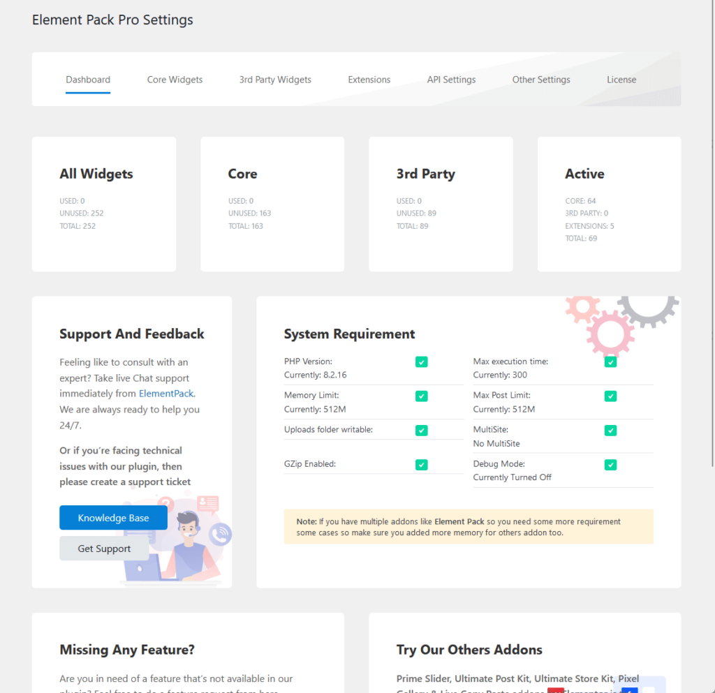 dashboard of element pack pro in the settings