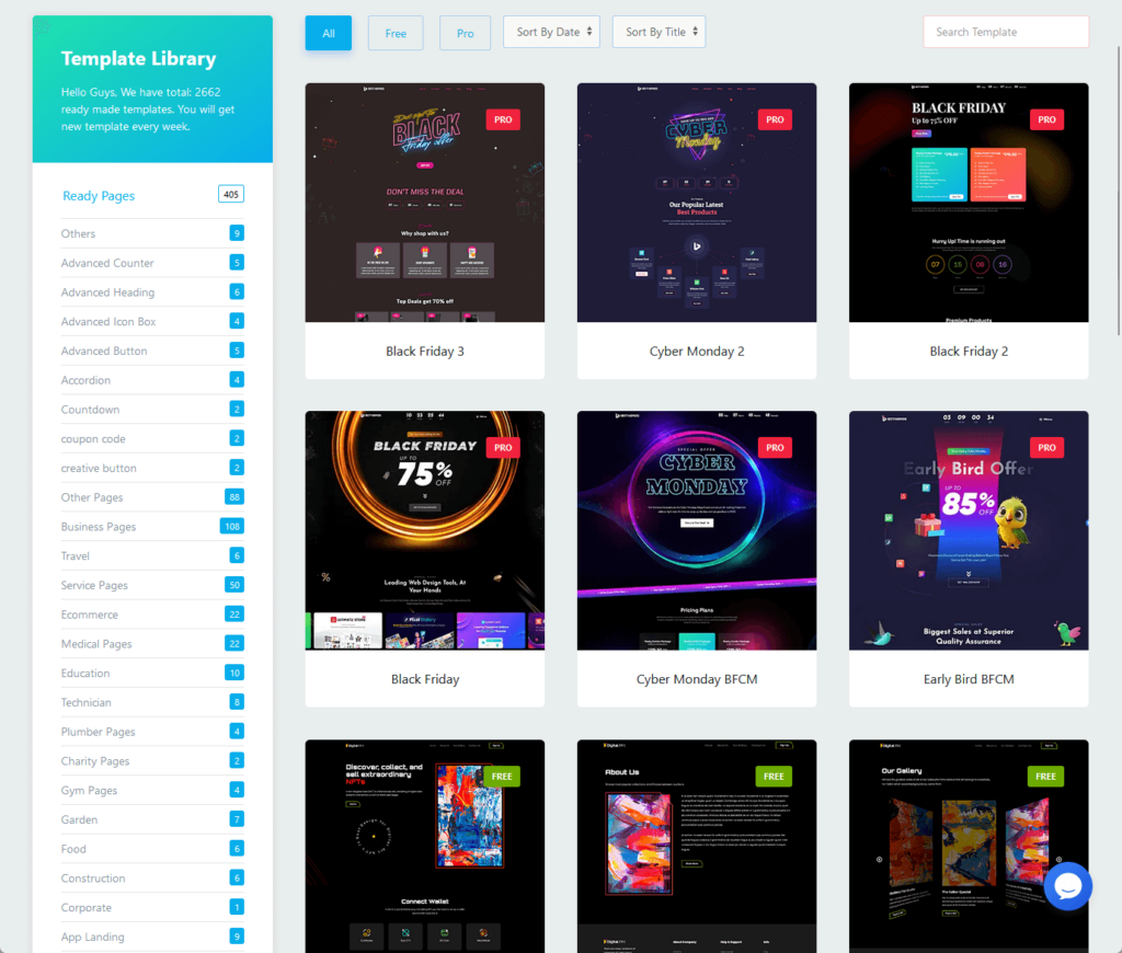 all the available pre-made templates from element pack