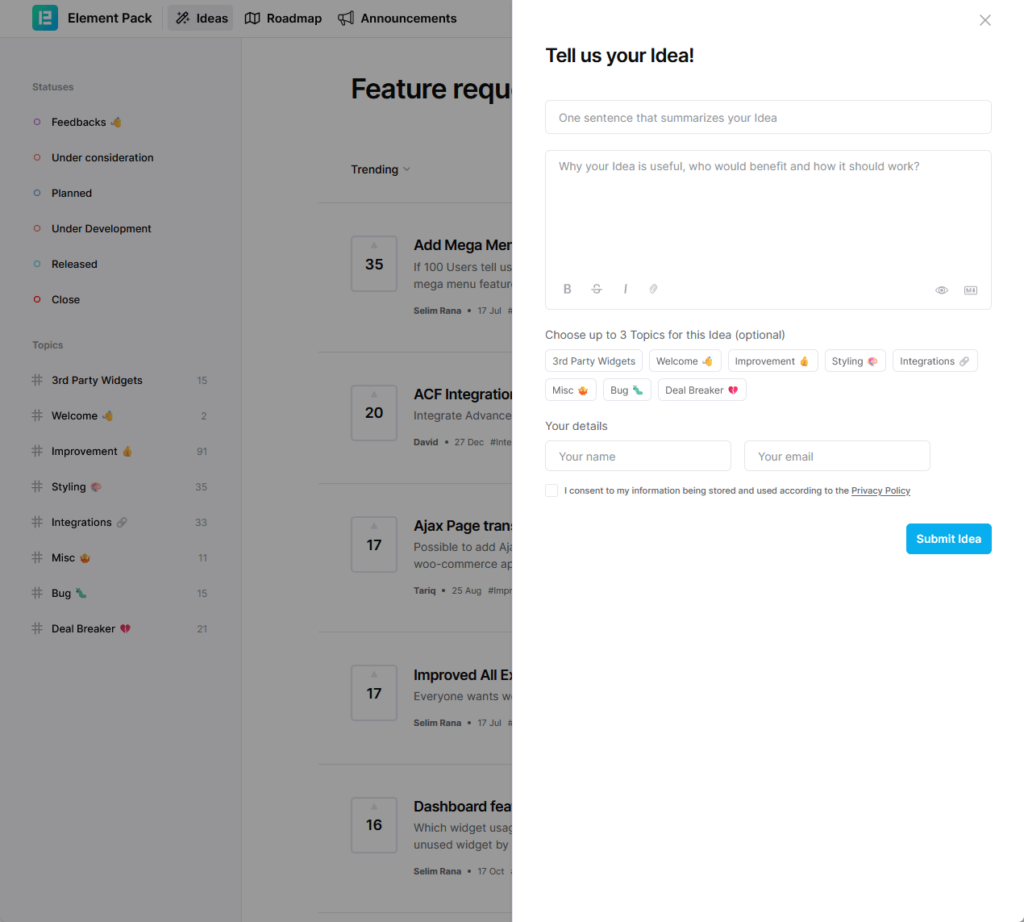 submit a feature idea to element pack