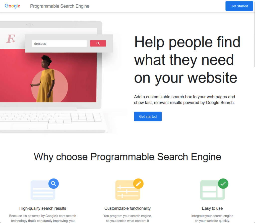 Help people find what they need on your website. Add a customizable search box to your web pages and show fast, relevant results powered by Google Search.