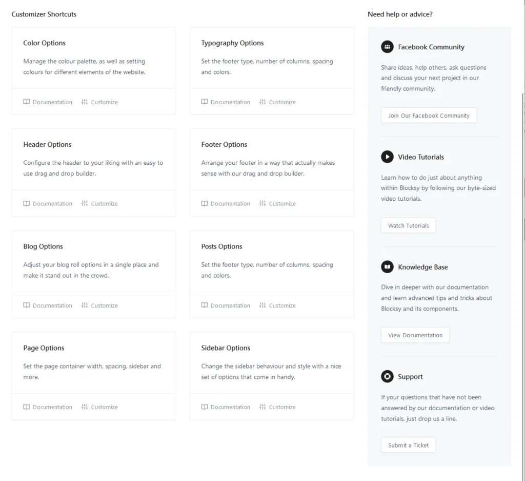 need help or advice section in blocksy’s dashboard