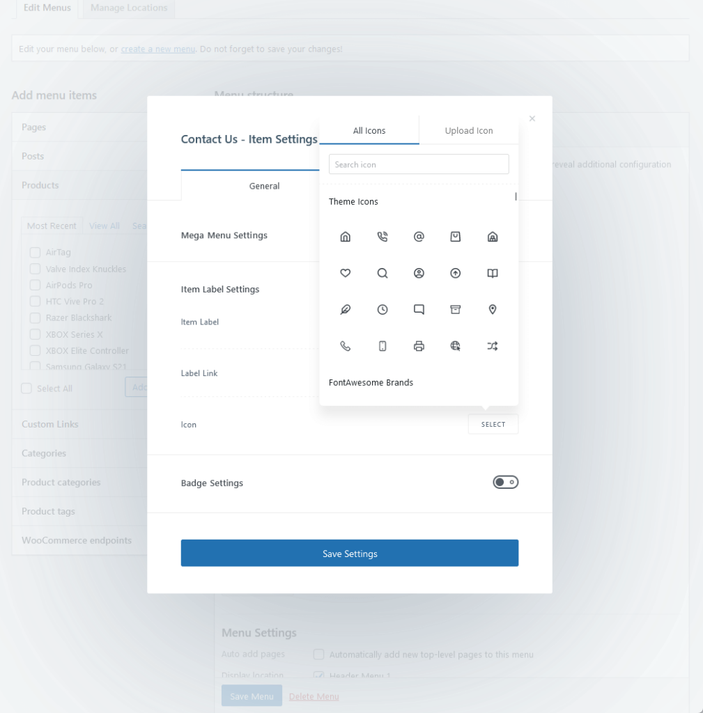 adding an icon to a menu item in the advanced menu using a blocksy extension