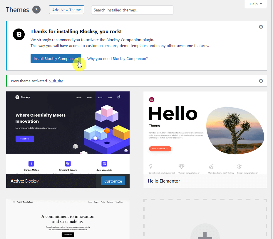 install the blocksy companion plugin from the notification