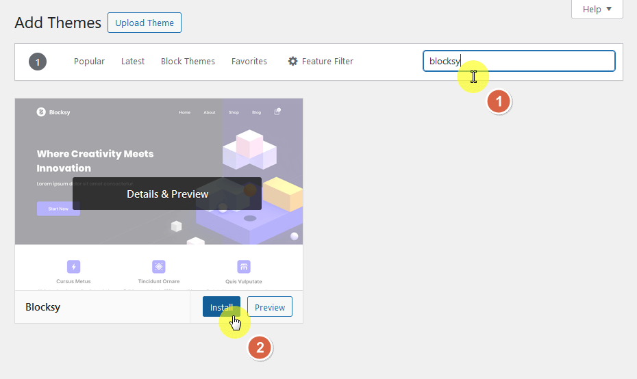 install the blocksy theme from the plugin directory