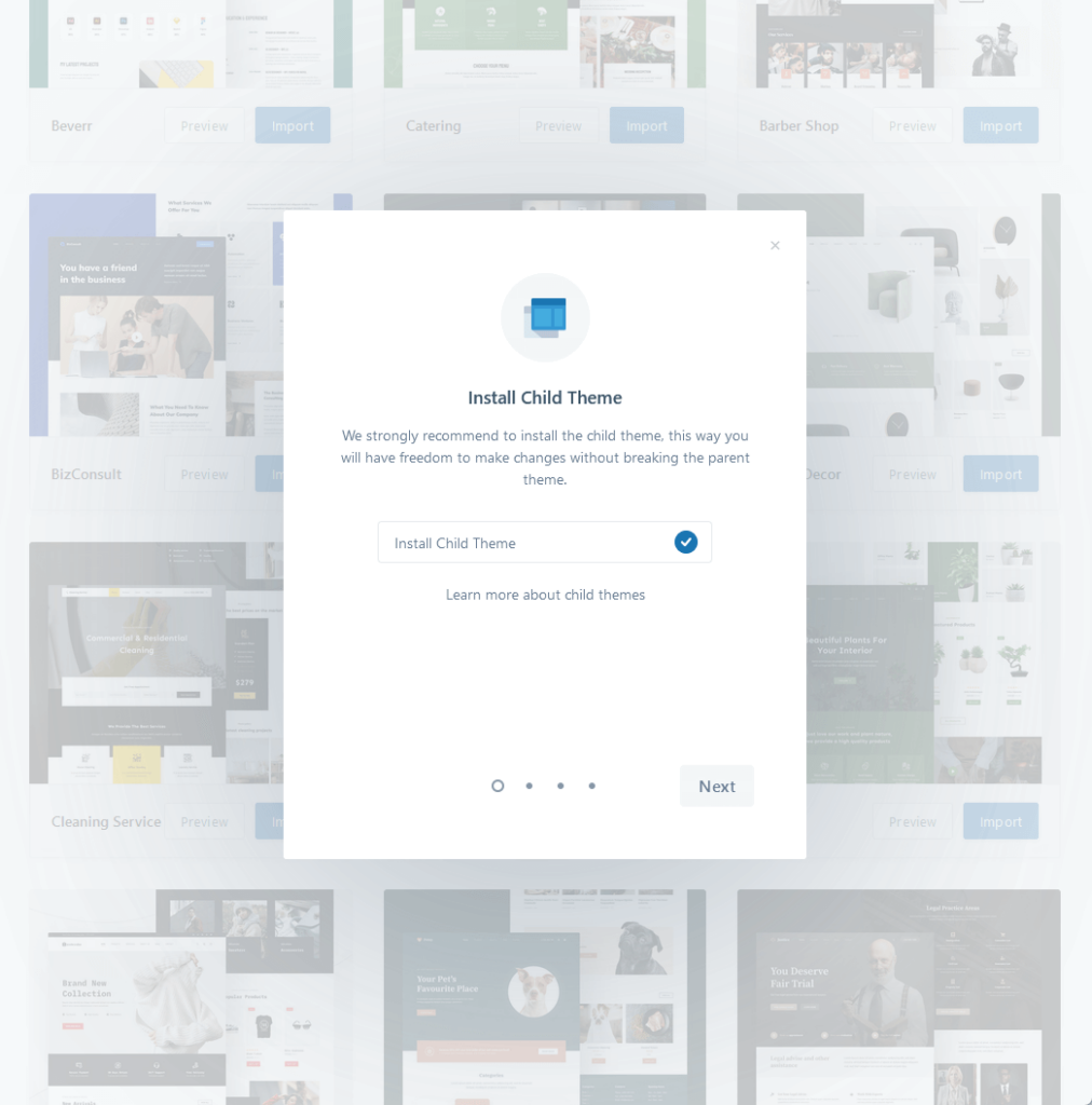 install a child theme when importing a blocksy starter site