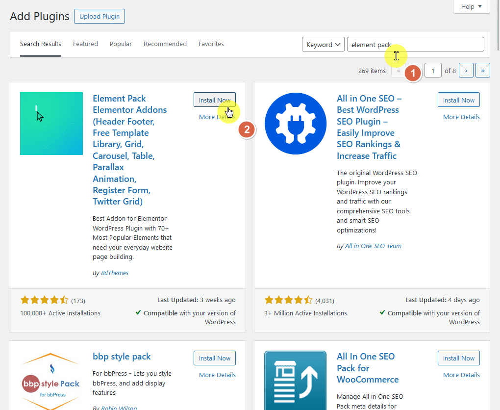 install now and activate the free version of element pack from the wordpress dashboard