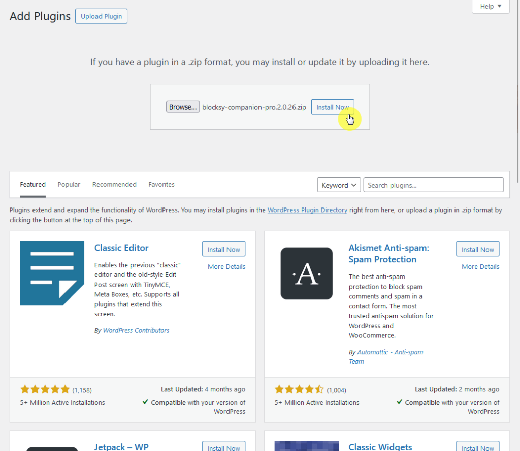 upload and install the blocksy pro companion plugin