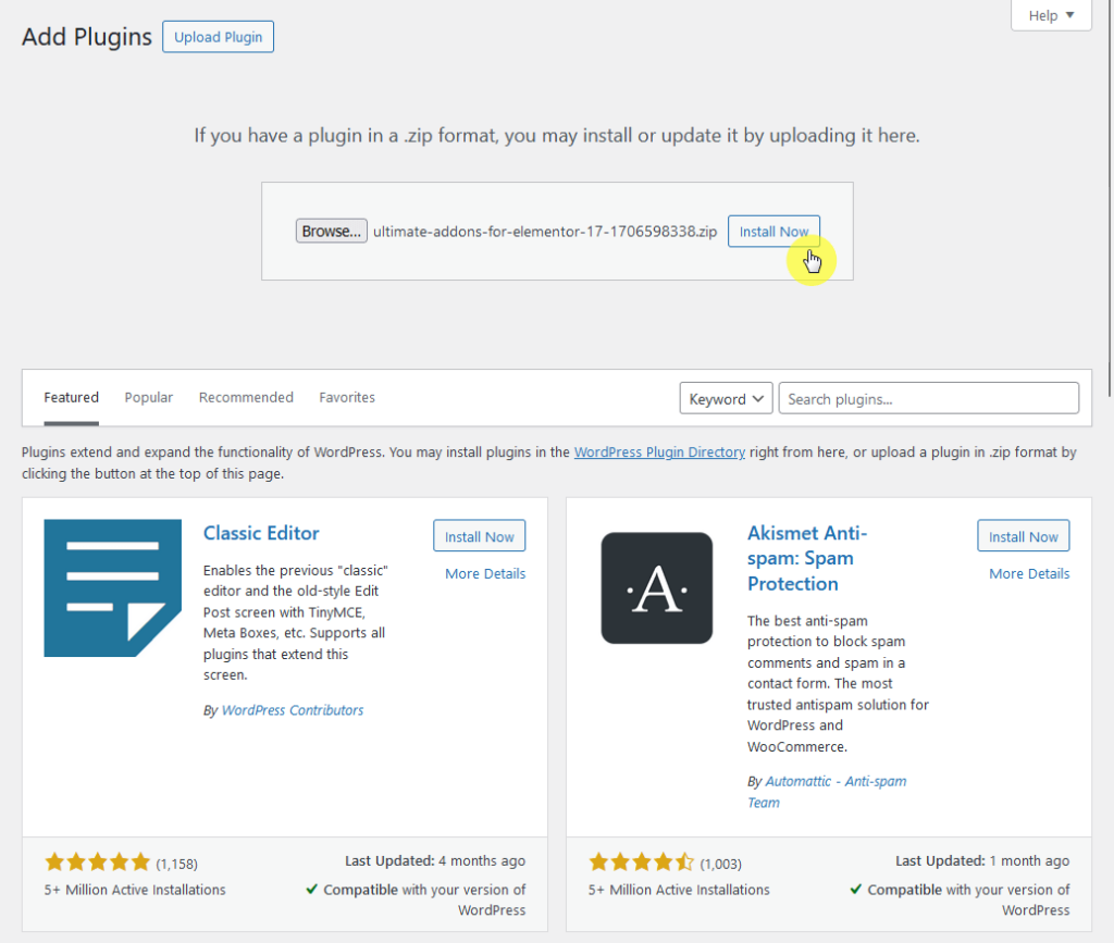 upload and install the ultimate addons plugin