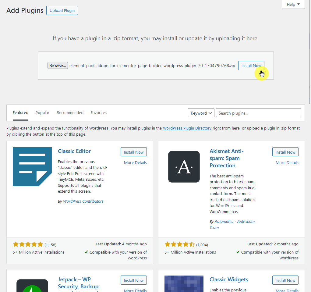 upload and install the pro version of element pack
