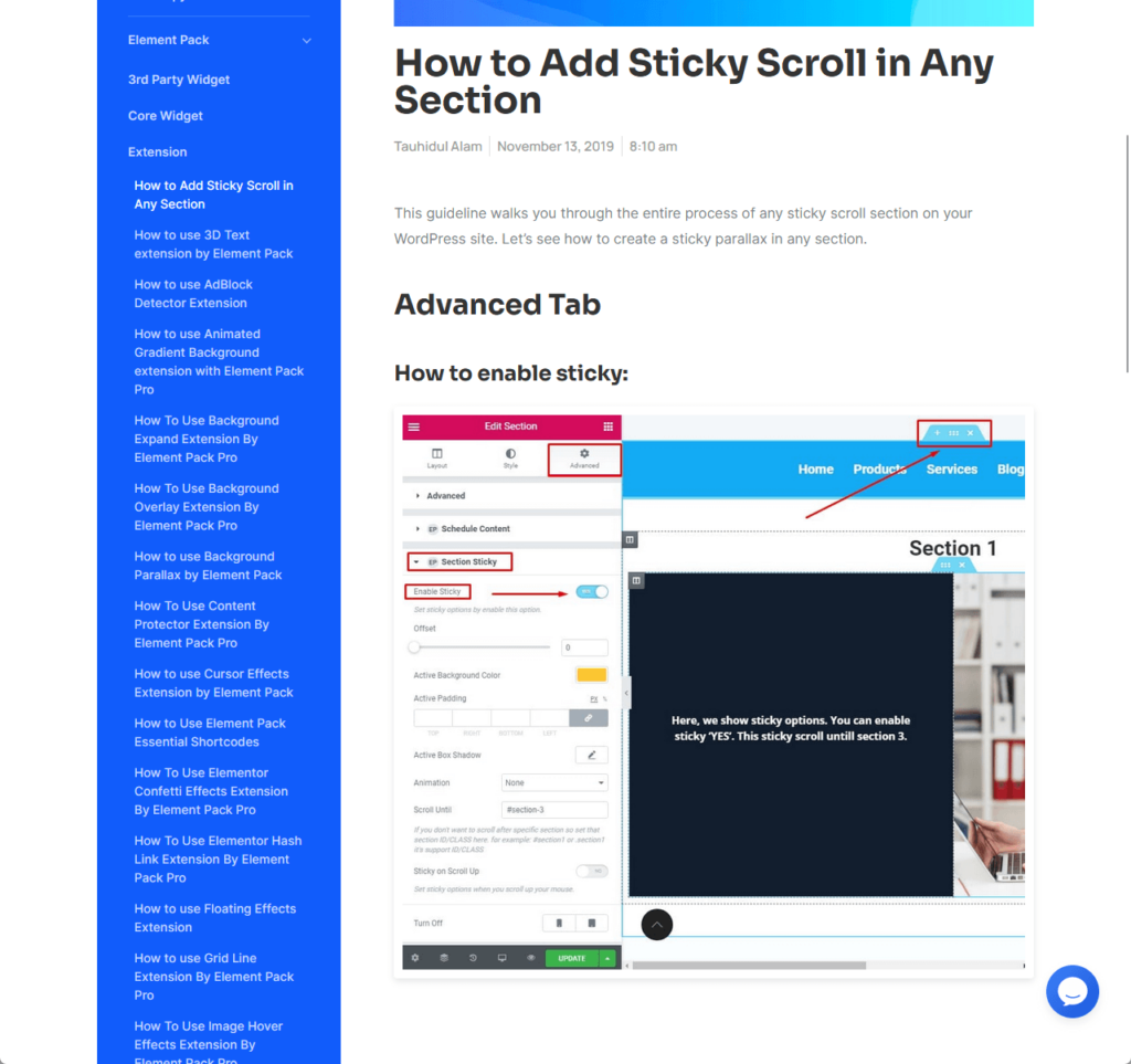 how to add sticky scroll in any section from element pack