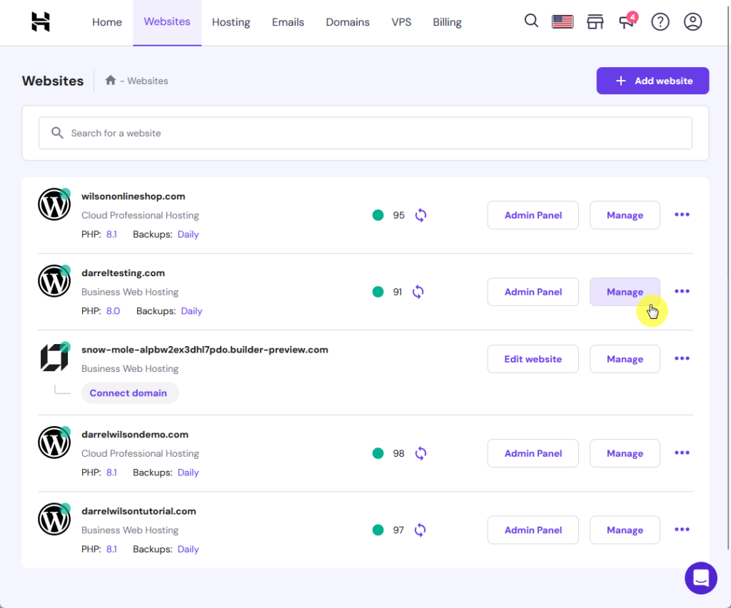 manage button for darretesting.com in hostingerβs hpanel