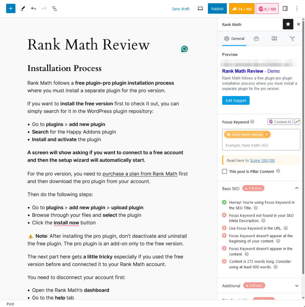 rank math content analysis panel in a wordpress post