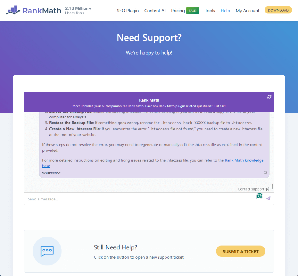 rankbot, the ai companion for rank math in the support page