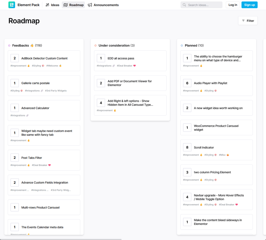 element pack roadmap with feedback, under consideration, and planned columns