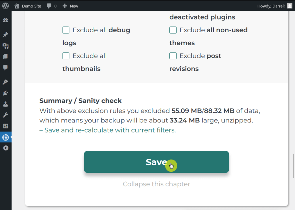 exclude files from backup then save settings