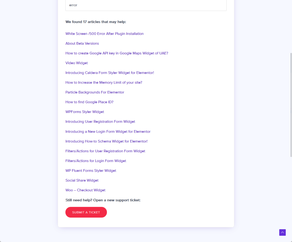 submit a ticket button appears in the dropdown options
