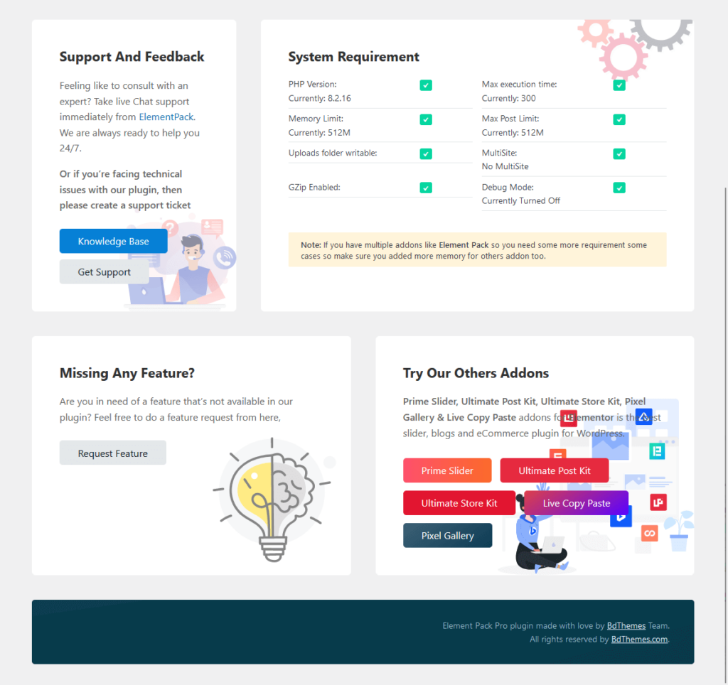support and feedback box in the element pack pro settings
