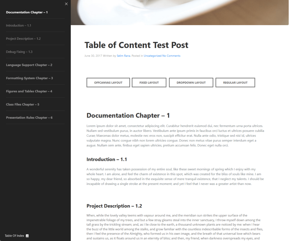 offcanvas layout for table of contents from element pack
