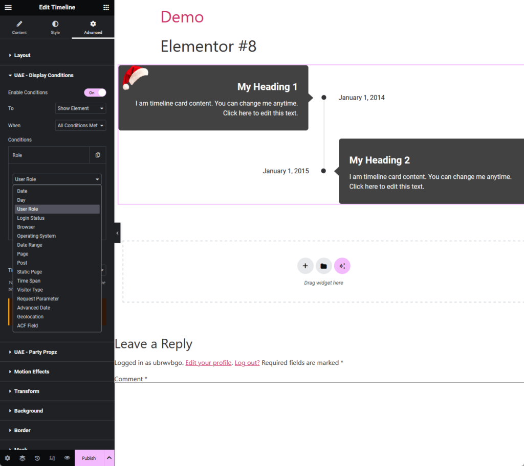 configuring the display conditions from ultimate addons for elementor