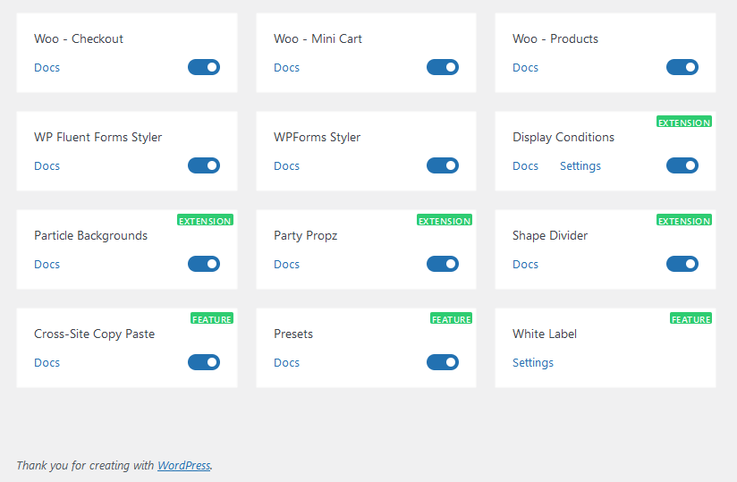 enable/disable button for ultimate addons extensions